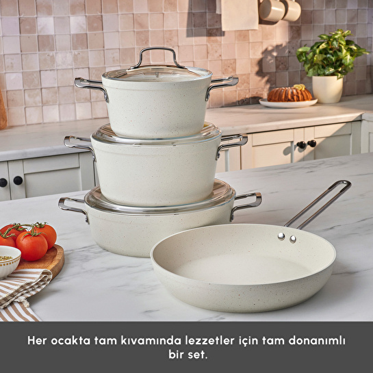 Emsan Biogranit White Stone 7 Parça Tencere ve Tava Seti