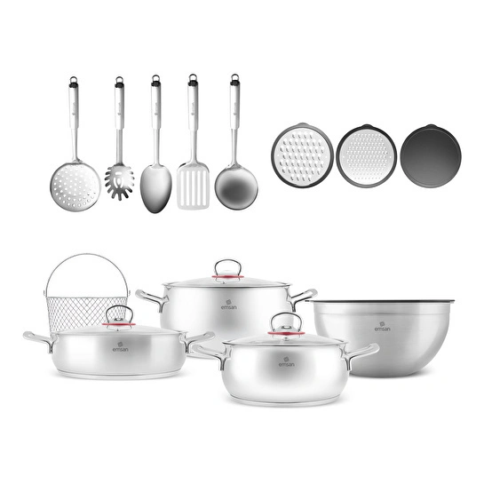 Emsan Karıştır-Pişir-Sakla 18 Parça Karıştırma Kabı ve Servis Gereçli Çelik Tencere Seti