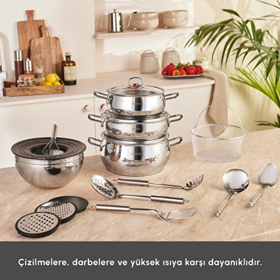 Emsan Karıştır-Pişir-Sakla 18 Parça Karıştırma Kabı ve Servis Gereçli Çelik Tencere Seti