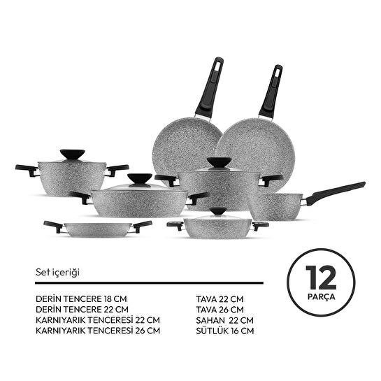 Emsan Fortis Granit 12 Parça Tencere Seti Gri