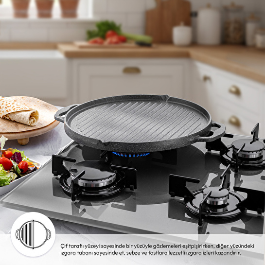 Emsan Stone Alüminyum Döküm Çift Taraflı Gözleme Tavası 34 cm Gri