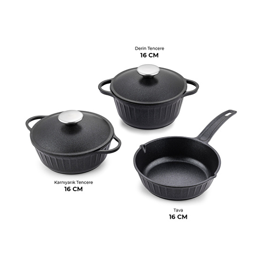 Emsan Stone Alüminyum Döküm Mini 5 Parça Tencere Seti Siyah