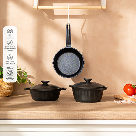 Emsan Stone Alüminyum Döküm Mini 5 Parça Tencere Seti Siyah