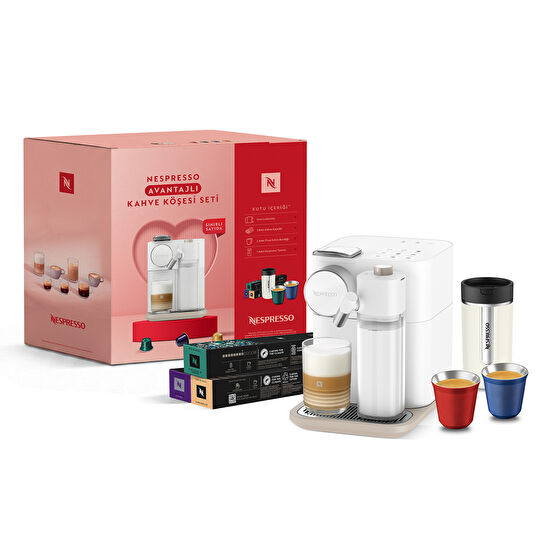 Nespresso F541 Gran Latissima, Travel Mug, Lungo Bardak ve Kahve Kapsülü ile Sevgililer Günü Özel Set Beyaz