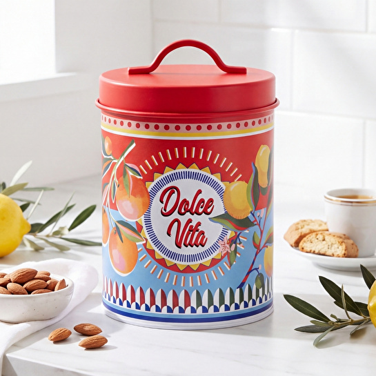 Baci Milano Dolce Vita Limon & Portakal Desenli Yeşil Pembe Paslanmaz Çelik Vakumlu Silindir Saklama Kutusu Ø 11 cm, H 18 cm