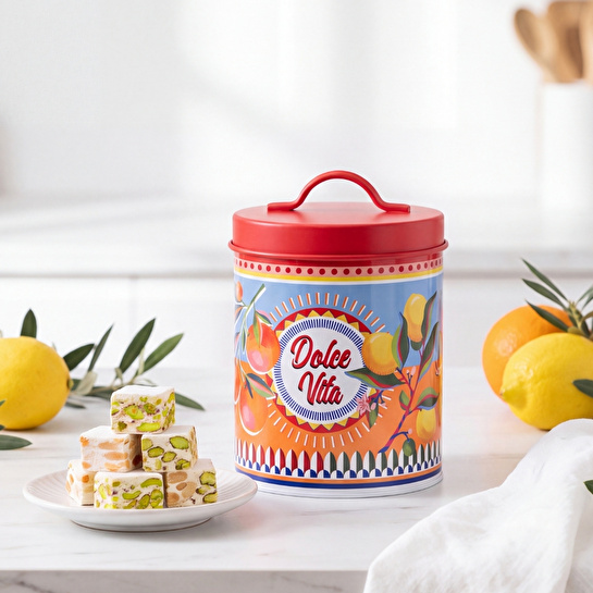 Baci Milano Dolce Vita Limon & Portakal Desenli Kırmızı Mavi Paslanmaz Çelik Vakumlu Silindir Saklama Kutusu Ø 11 cm, H 18 cm