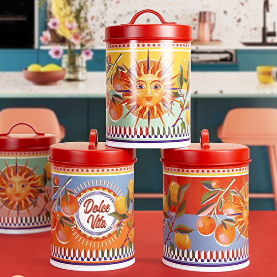 Baci Milano Dolce Vita Limon & Portakal Desenli Kırmızı Mavi Paslanmaz Çelik Vakumlu Silindir Saklama Kutusu Ø 11 cm, H 18 cm
