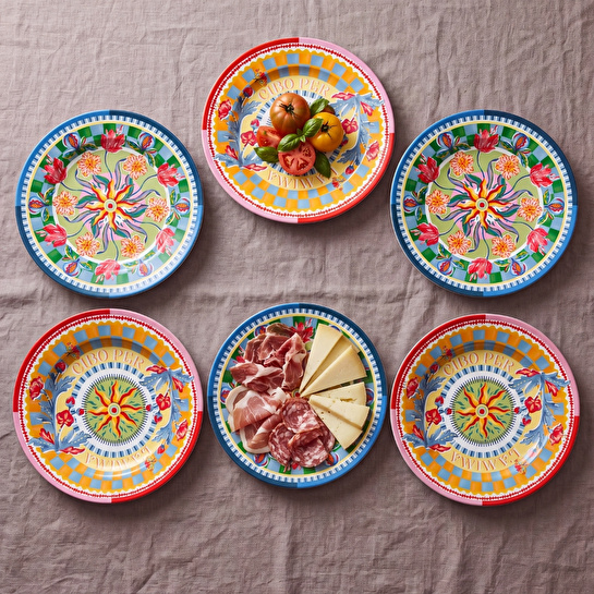 Baci Milano Dolce Far Niente Mavi ve Pembe Renkli Karışık 6 Parça Melamin Servis Tabağı 28 cm