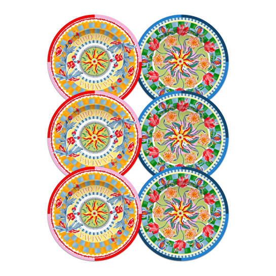 Baci Milano Dolce Far Niente Mavi ve Pembe Renkli Karışık 6 Parça Melamin Servis Tabağı 28 cm