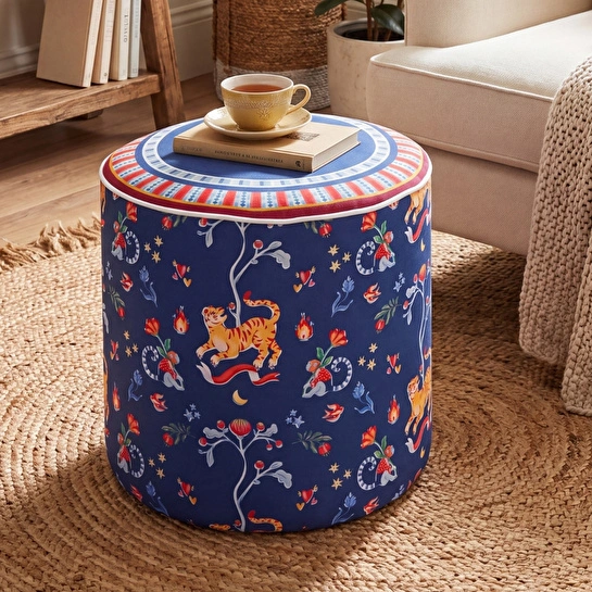 Baci Milano Dolce Far Niente Desenli Mavi Kadife Dokulu Puf Ø 45 cm; H 45 cm