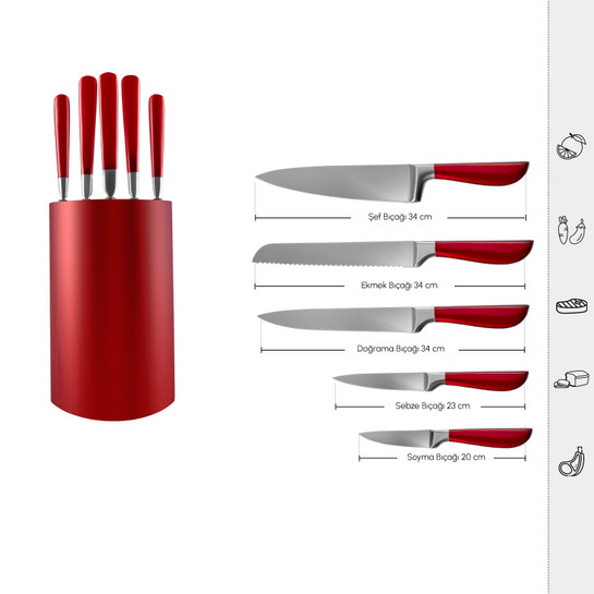 Karaca Samuray Flash Red Japon Çeliği 6 Parça Bıçak Seti Kırmızı