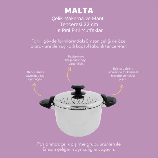 Emsan Malta Çelik Makarna ve Mantı Tenceresi  22 cm