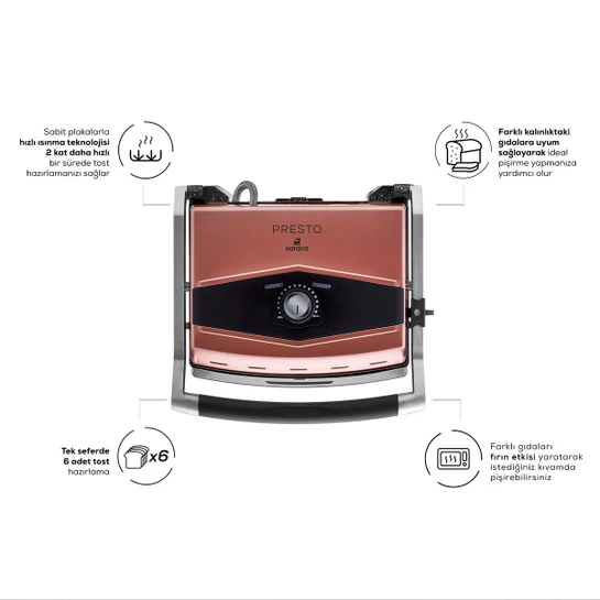 Karaca Presto 2001 Izgara ve Tost Makinesi Rose Gold 2000 W 6 Dilimli 