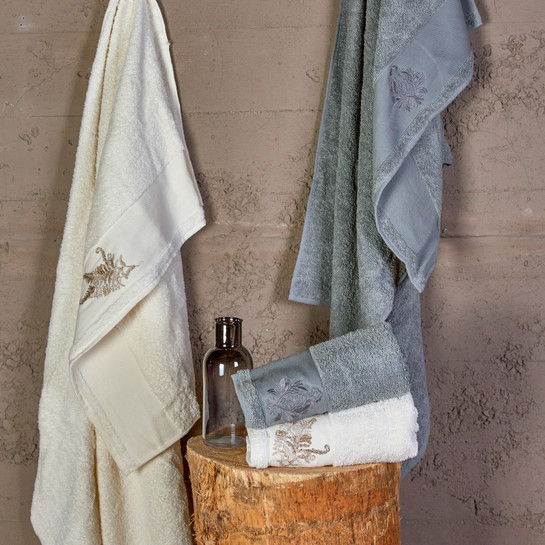 Karaca Home Fronda Offwhite Gri Simli Nakışlı Hamam Seti