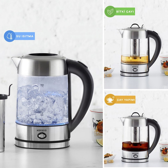 Karaca Cam Inox Bitki Çayı Makinesi ve Su Isıtıcı Kettle 2202,Led Işıklı, Yüksek Borosilikat Gövde, Paslanmaz Çelik 