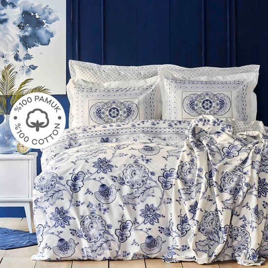 Karaca Home Amar Mavi %100 Pamuk Çift Kişilik Nevresim Pike Set