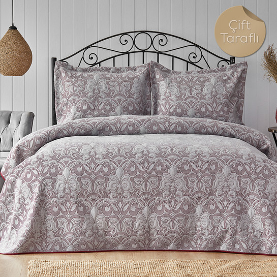 Karaca Home Clemence Bej-Bordo Çift Taraflı Çift Kişilik Yatak Örtüsü