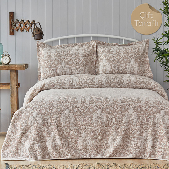 Karaca Home Clemence Bej-Bej Çift Taraflı Çift Kişilik Yatak Örtüsü