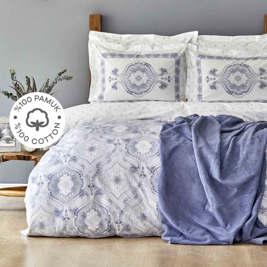 Karaca Home Arlen İndigo Çift Kişilik %100 Pamuk Nevresim Takımı Pamuk Battaniye