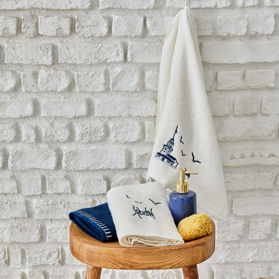 Karaca Home Kız Kulesi İndigo %100 Pamuk 3 Parça Nakışlı Havlu Set 30x50 cm