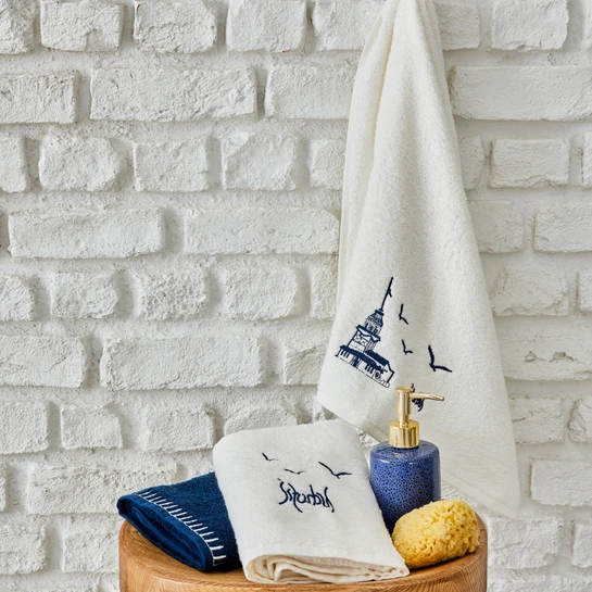 Karaca Home Kız Kulesi İndigo %100 Pamuk 3 Parça Nakışlı Havlu Set 30x50 cm