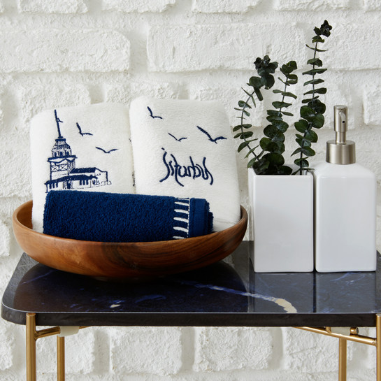 Karaca Home Kız Kulesi İndigo %100 Pamuk 3 Parça Nakışlı Havlu Set 30x50 cm