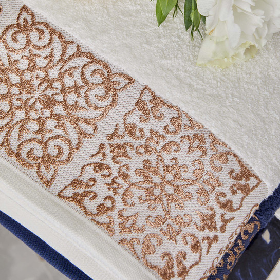 Karaca Home Salvatore Offwhite Lacivert %100 Pamuk Jakarlı Aile Banyo Seti