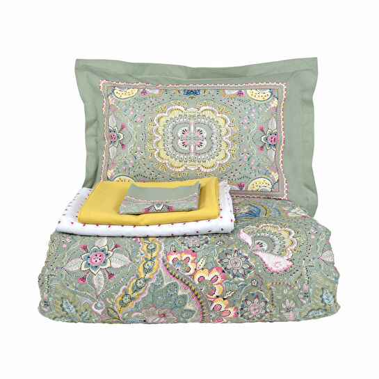 Karaca Home Manas Yeşil %100 Pamuk Çift Kişilik Summer Set (Nevresim Takımı+Pike)