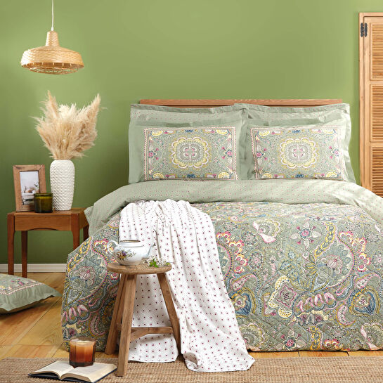 Karaca Home Manas Yeşil %100 Pamuk Çift Kişilik Summer Set (Nevresim Takımı+Pike)