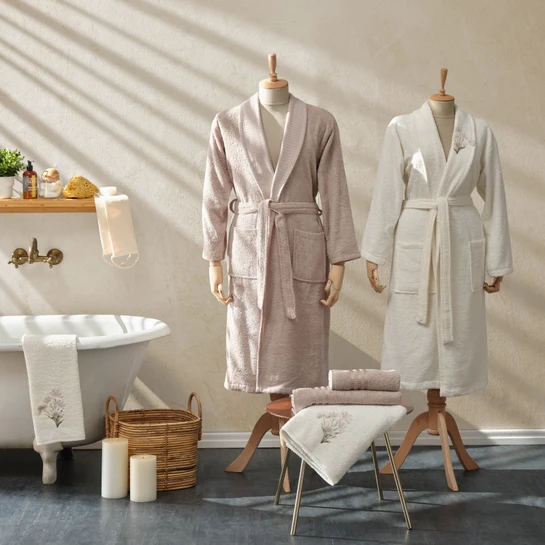 Karaca Home Flower 3D Nakışlı 6 Parça Bornoz/Beden/Baş Havlusu Aile Banyo Seti Sarı Offwhite Bej