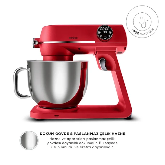 Karaca Multichef Artisan Digital Ekran Döküm Hamur Yoğurma Makinesi Kırmızı 1800W 7L
