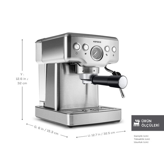 Karaca Coffee Art 1353 Süt Köpürtücülü, 20 Bar Basınçlı, Espresso, Latte, Cappuccino, Americano Makinesi Inox 1,8L 1350W
