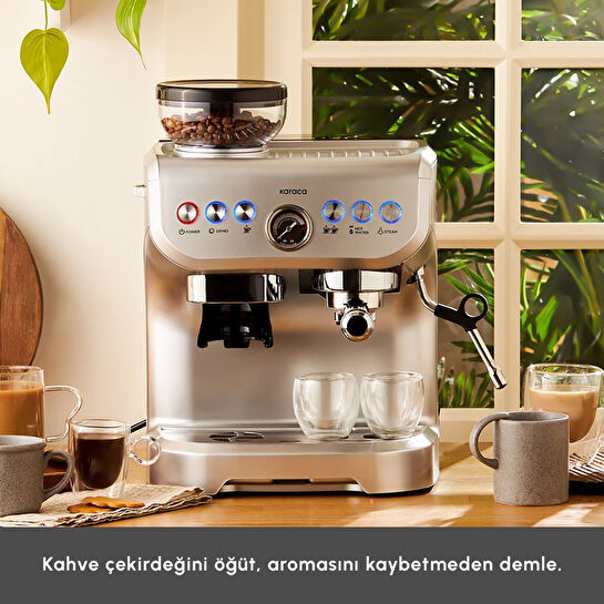 Karaca Coffee Art Barista Kahve Öğütücülü, Süt Köpürtücülü, 15 Bar Basınçlı Espresso, Latte, Cappuccino, Americano Makinesi Silver 2L 1450W