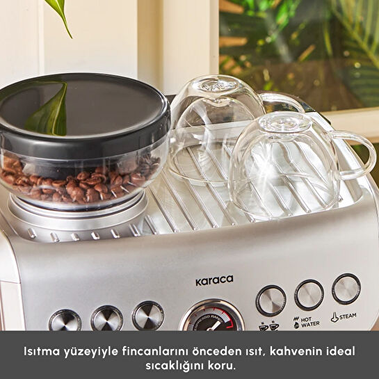 Karaca Coffee Art Barista Kahve Öğütücülü, Süt Köpürtücülü, 15 Bar Basınçlı Espresso, Latte, Cappuccino, Americano Makinesi Silver 2L 1450W