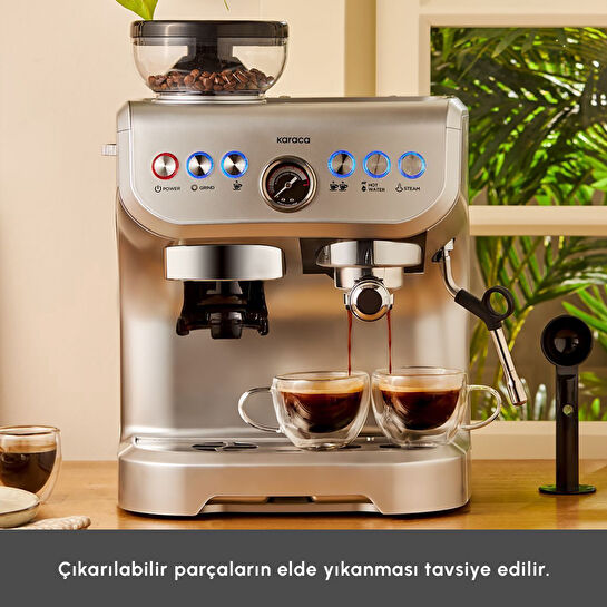 Karaca Coffee Art Barista Kahve Öğütücülü, Süt Köpürtücülü, 15 Bar Basınçlı Espresso, Latte, Cappuccino, Americano Makinesi Silver 2L 1450W