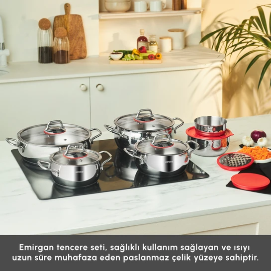 Karaca Emirgan Xl İndüksiyon Tabanlı 13 Parça Saklama Kabı ve Rendeli Çelik Tencere Seti
