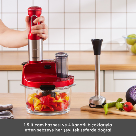 Karaca Mastermaid Prosteel Uzun Blender Ayaklı 6 Bıçaklı Cam Mutfak Robotu 2500W Imperial Red