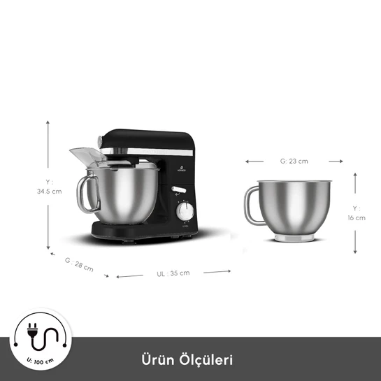 Karaca Mastermaid Chef Pro Çift Kollu Hamur Yoğurma Makinesi Matte Black Silver 1750 W 5L