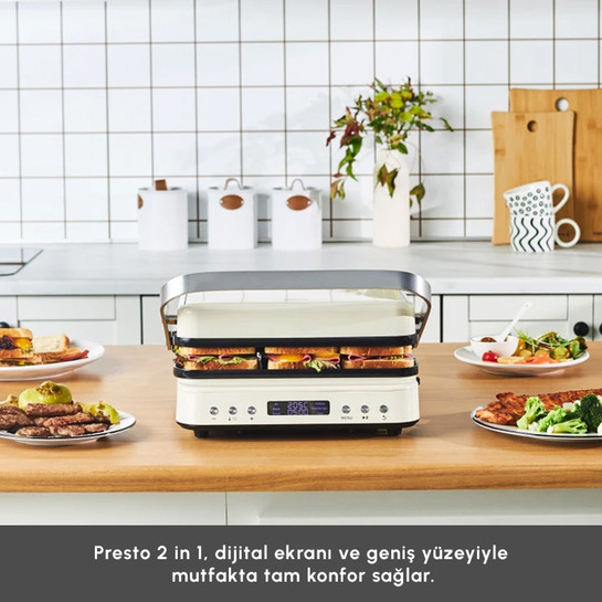 Karaca Presto 2 in 1 Digital 2009 Döküm Izgara ve Tost Makinesi Krem 2000W 6 Dilim Kapasiteli