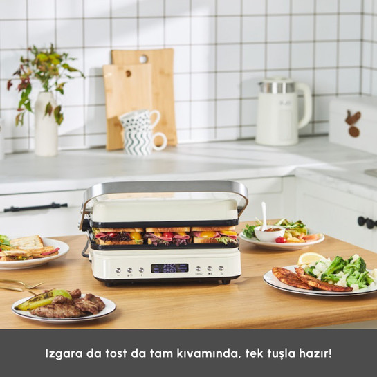 Karaca Presto 2 in 1 Digital 2009 Döküm Izgara ve Tost Makinesi Krem 2000W 6 Dilim Kapasiteli