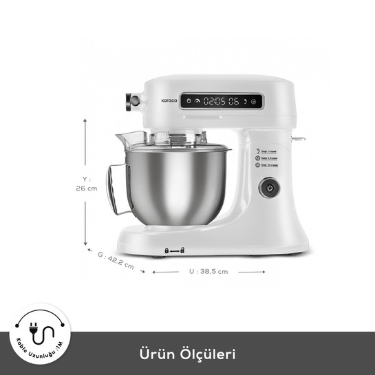 Karaca Pro Artisan Dijital Ekran Zaman Ayarlı Döküm Hamur Yoğurma Makinesi White 1600W 5L 