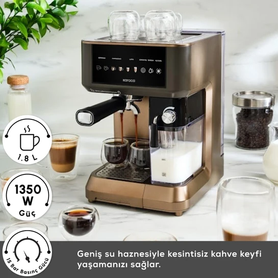 Karaca MyCaffe Barista S10 Entegre Süt Hazneli, Espresso, Latte ve Cappuccino Makinesi Walnut Brown