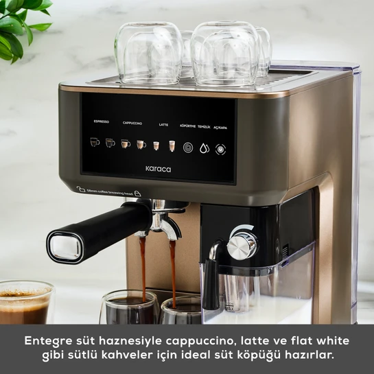 Karaca MyCaffe Barista S10 Entegre Süt Hazneli, Espresso, Latte ve Cappuccino Makinesi Walnut Brown