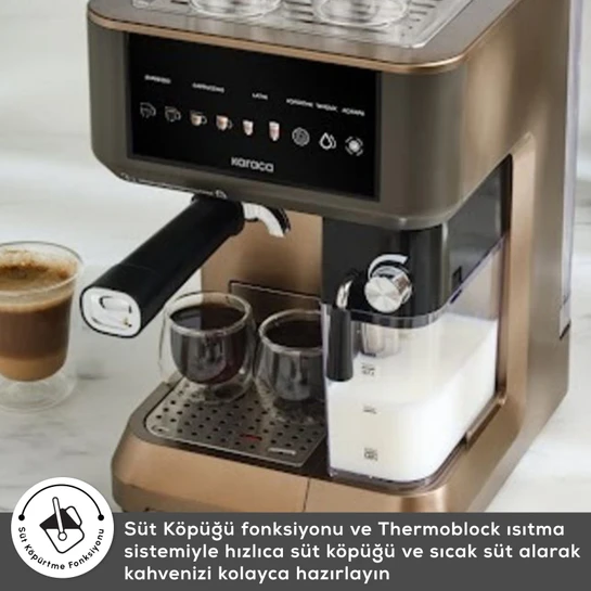 Karaca MyCaffe Barista S10 Entegre Süt Hazneli, Espresso, Latte ve Cappuccino Makinesi Walnut Brown