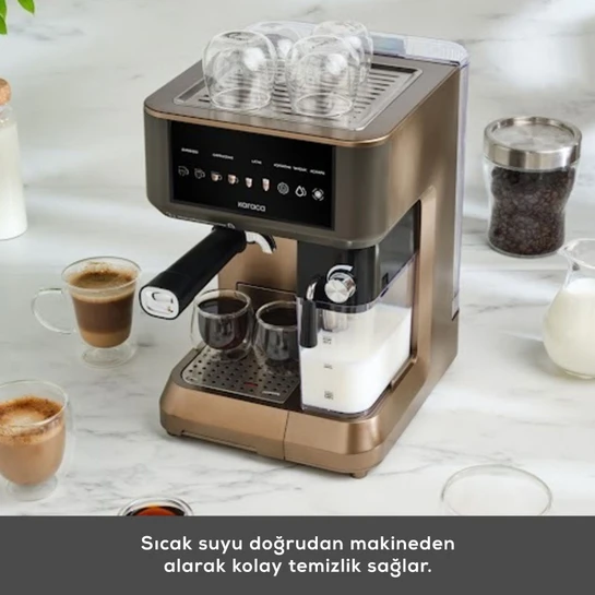 Karaca MyCaffe Barista S10 Entegre Süt Hazneli, Espresso, Latte ve Cappuccino Makinesi Walnut Brown