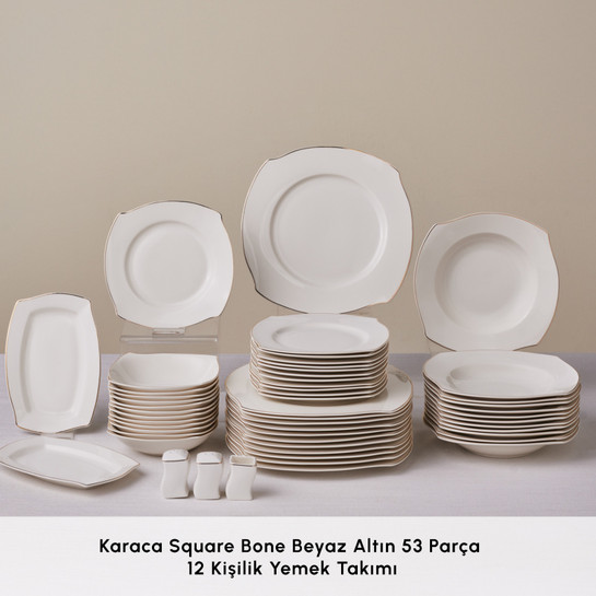 Karaca Square Bone Beyaz Altın 53 Parça 12 Kişilik Yemek Takımı 