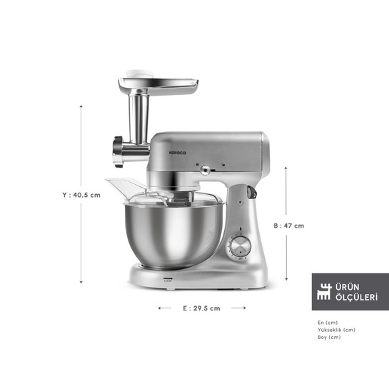 Karaca Multicast Plus Döküm Kıyma Çekme/Sucuk-Sosis/İçli Köfte/ Kurabiye Aparatlı Hamur Yoğurma Makinesi Silver 5L 
