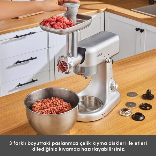 Karaca Multicast Plus Döküm Kıyma Çekme/Sucuk-Sosis/İçli Köfte/ Kurabiye Aparatlı Hamur Yoğurma Makinesi Silver 5L 