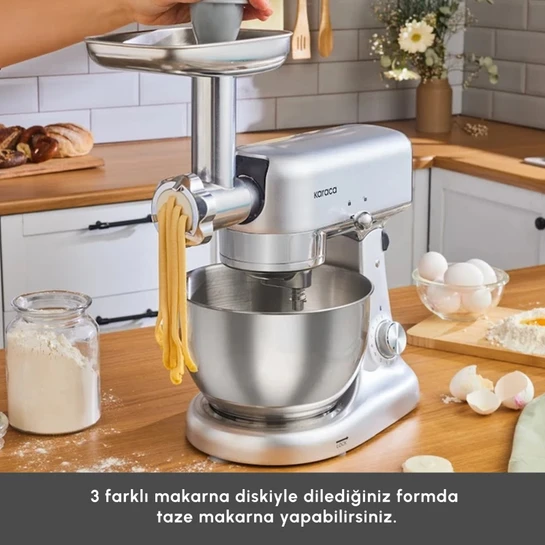Karaca Multicast Plus Döküm Kıyma Çekme/Sucuk-Sosis/İçli Köfte/ Kurabiye Aparatlı Hamur Yoğurma Makinesi Silver 5L 