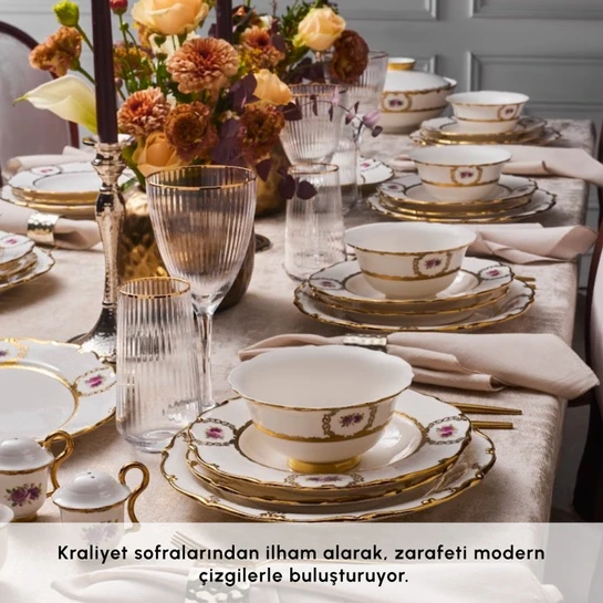 Karaca Royal Bone Elizabeth 55 Parça 12 Kişilik Yemek Takımı Gold 